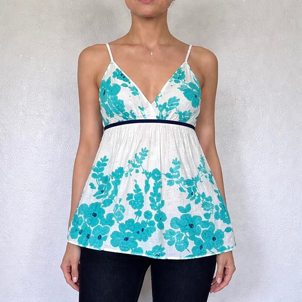 Vintage Y2K White & Teal Floral Cotton Babydoll Tank Top Size S